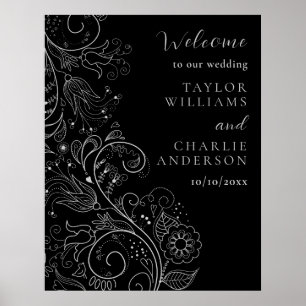 Poster Boas-vindas ao Casamento Floral Elegante Negra