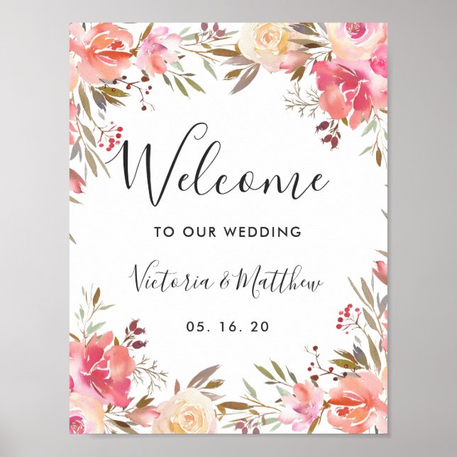 Poster Boas-vindas ao Casamento Floral Romântico Blush Bl (Frente)