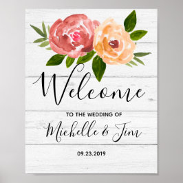 Poster Boas-vindas ao casamento floral russo de madeira