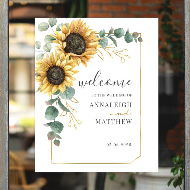 Poster Boas-vindas ao Casamento Geométrico de Sunflower E (Sunflower Eucalyptus Floral Welcome Wedding Poster)