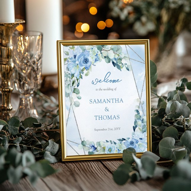 Poster Boas-vindas ao casamento Geométrico do Dusty Blue  (Dusty Blue Floral Silver Geometric wedding welcome Poster)