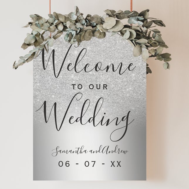Poster Boas-vindas ao casamento ombre com o brilho de pra (Silver glitter ombre metallic wedding welcome poster)