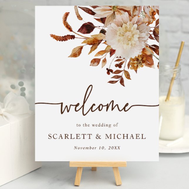 Poster Boas-vindas ao Casamento outono Elegante (Autumn Floral Table Top Welcome Sign by Painted Paperie)