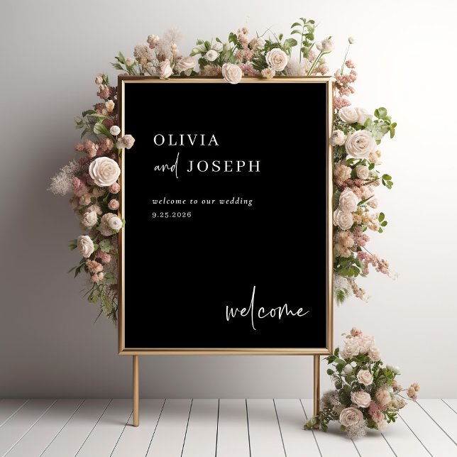 Poster Boas-vindas ao casamento preto moderno e minimalis (A modern and minimalist, dark black wedding welcome poster)