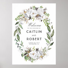 Póster Boas-vindas ao Casamento Romântico Floral Verde Br