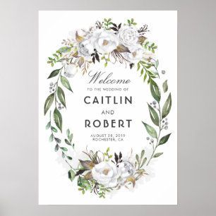 Póster Boas-vindas ao Casamento Romântico Floral Verde Br