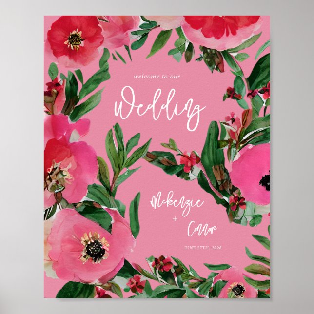 Poster Boas-vindas ao Casamento Rosa Anemone com Aquarela (Frente)