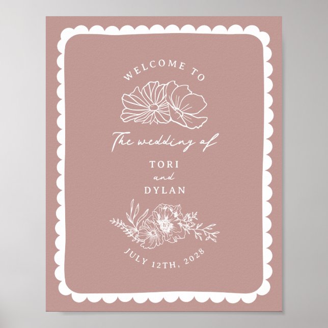 Poster Boas-vindas ao Casamento Rosa Floral Escalado Fron (Frente)