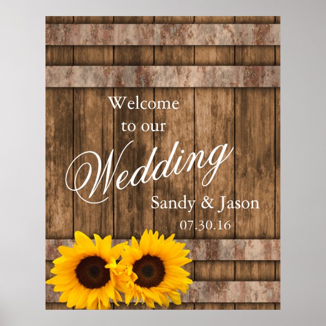 Póster Boas-vindas ao Casamento Rustic Sunflower Barn Woo (Frente)