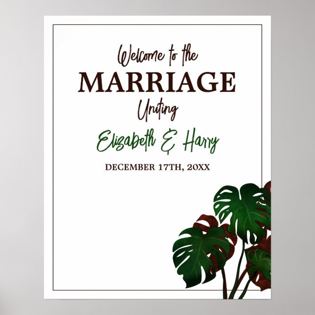 Poster Boas-vindas ao Casamento Tropical de Monstera Beac (Frente)