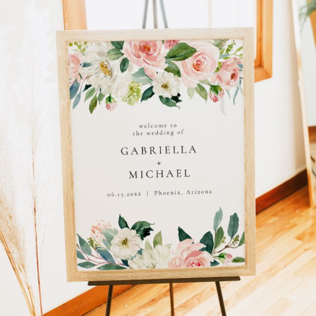 Poster Boas-vindas ao Casamento Verde Floral Cor-de-Rosa- (Criador carregado)