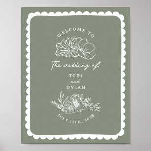 Poster Boas-vindas ao Casamento Verde Sage Floral Escalad