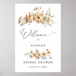 Poster Boas-vindas ao Chá de Bebê Beige Flores Silvestres