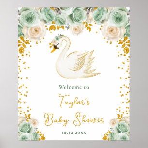 Poster Boas-vindas ao Chá de Bebê Cisne Verde Oliva Rosas