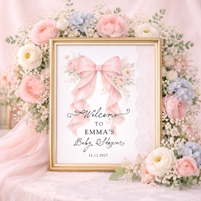Poster Boas-vindas ao Chá de Bebê da Menina com Laço Rosa (Criador carregado)