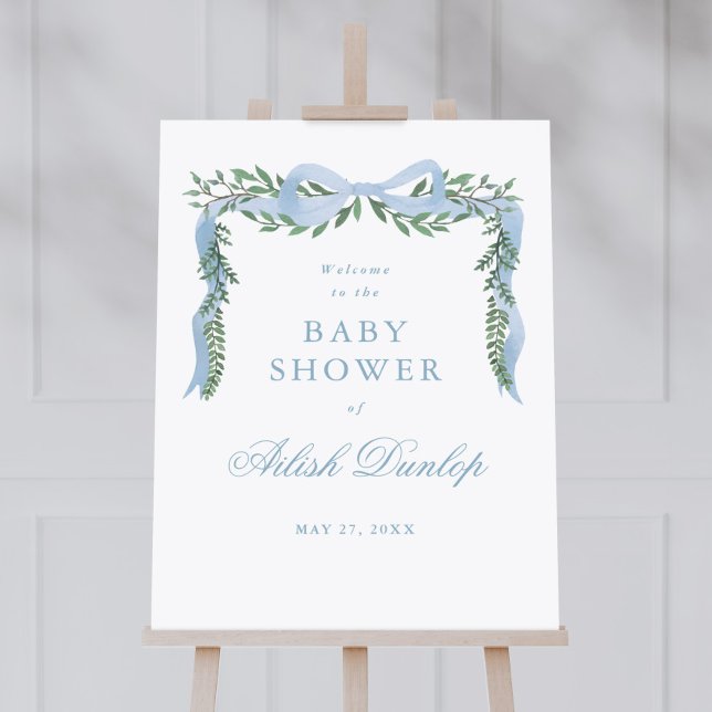 Poster Boas-vindas ao Chá de Bebê do Menino com Elegante  (Elegant blue bow baby shower welcome poster. Available as a  printed poster or an instant download. )
