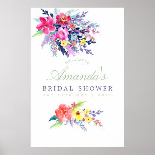 Poster Boas-vindas ao Chá de Bebê Floral Colorido em Aqua
