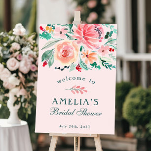 Poster Boas-vindas ao Chá de Bebê Floral com Aquarela Ros