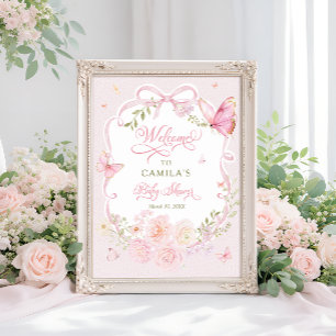 Poster Boas-vindas ao Chá de Bebê Menina Borboleta Rosa e
