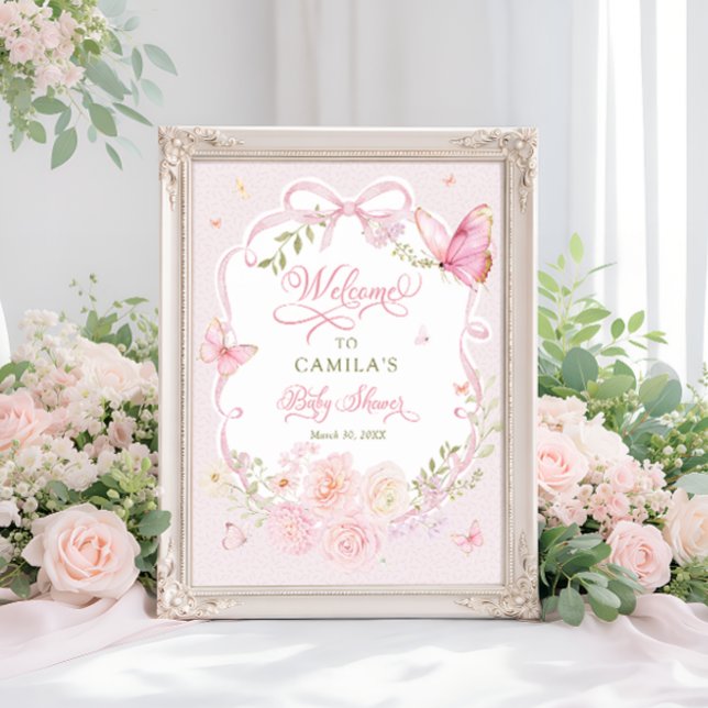 Poster Boas-vindas ao Chá de Bebê Menina Borboleta Rosa e (Criador carregado)