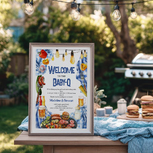 Poster Boas-vindas ao Chá de Bebê Verão BBQ Xadrez Azul R