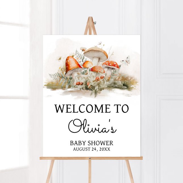 Poster Boas-vindas ao Chá de fraldas da floresta de cogum (Enchanted Mushroom Baby Shower Welcome Sign)