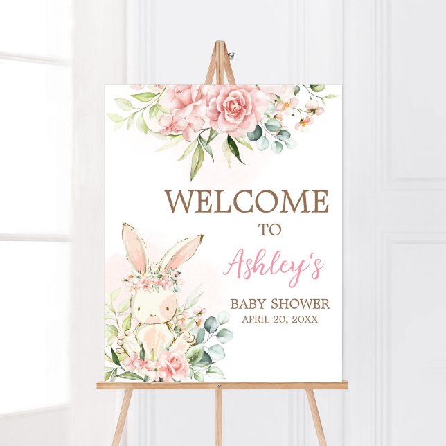 Poster Boas-vindas ao Chá de fraldas de coelho florido co (A Little Bunny Girl Baby Shower Welcome Sign)
