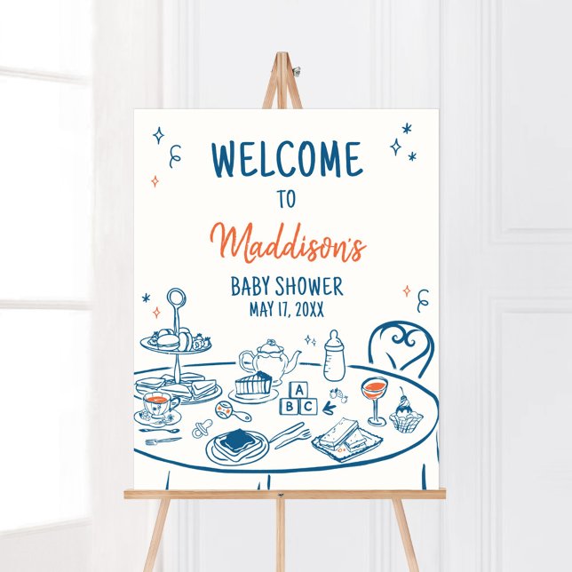 Poster Boas-vindas ao Chá de fraldas de Festa Desenhada à (Hand Drawn Baby Brunch Party Baby Shower Welcome Sign)