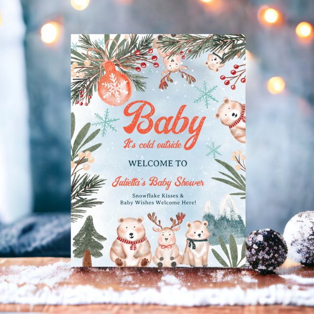 Poster Boas-vindas ao chá de fraldas de Natal para o inve (Cute Animals Winter Christmas baby shower welcome Poster)