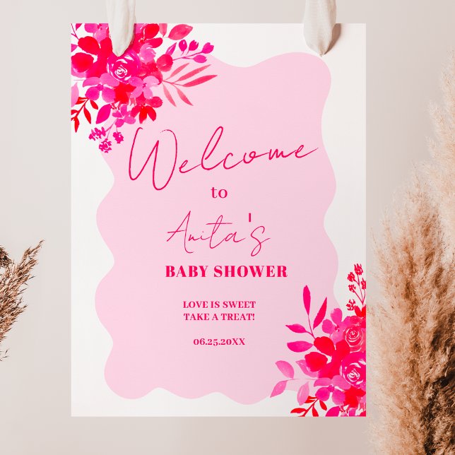 Poster Boas-vindas ao chá de fraldas floral rosa-claro-cl (Hot pink wavy red pink floral baby shower welcome poster)
