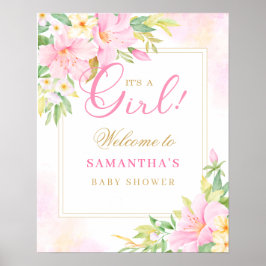 Poster Boas-vindas ao Chá de fraldas Rosa Branco com Aqua