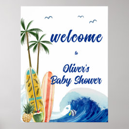 Poster Boas-vindas ao Chá de fraldas Surfboard Onda do Oc