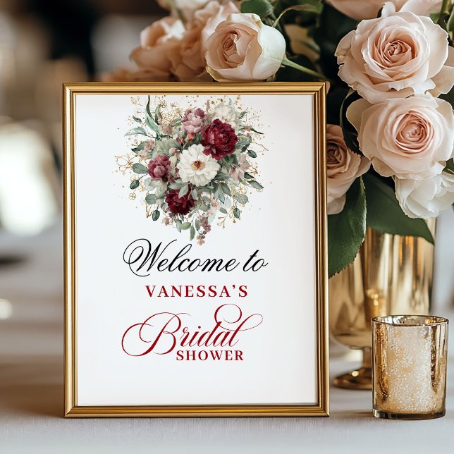 Poster Boas-vindas ao Chá de Noiva Botânico Bege Borgonha (Botanical Blush Burgundy Bridal Shower Welcome)