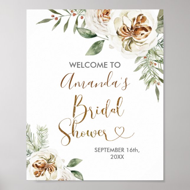 Poster Boas-vindas ao Chá de Noiva Floral Branco de Inver (Frente)