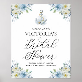 Poster Boas-vindas ao Chá de Noiva Floral Náutico Azul