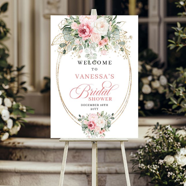 Poster Boas-vindas ao Chá de Noiva Rústico Rosa e Dourado (Rustic Blush and Gold Bridal Shower Welcome)