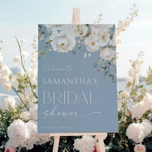 Poster Boas-vindas ao chá de panela floral branco-azul-Du (Criador carregado)