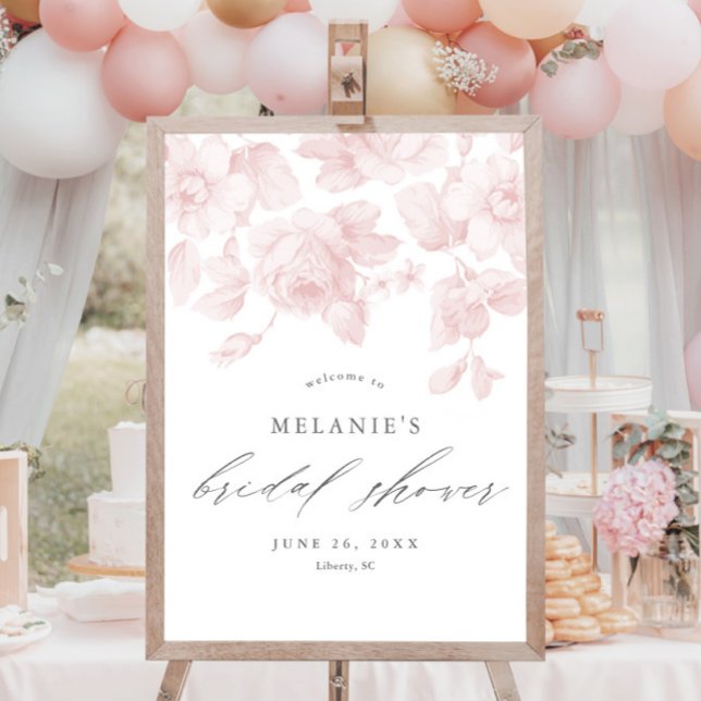 Poster Boas-vindas ao Chá de panela Rosa de Script Floral (Elegant vintage floral bridal shower welcome sign.)