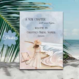 Poster Boas-vindas ao Chá de panela Watercolor Beach e Wa