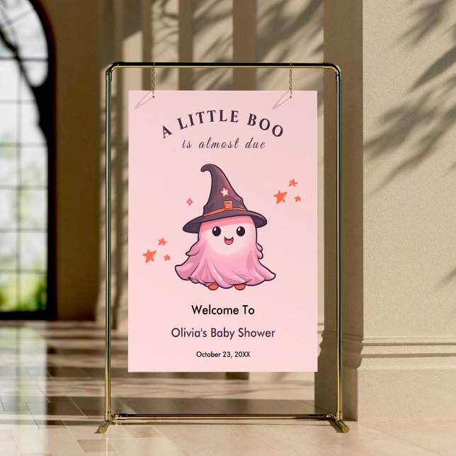Poster Boas-vindas ao Dia das Bruxas Rosa Um Pequeno Chá  (Pink Halloween A Little Boo Baby Shower Welcome Sign   )