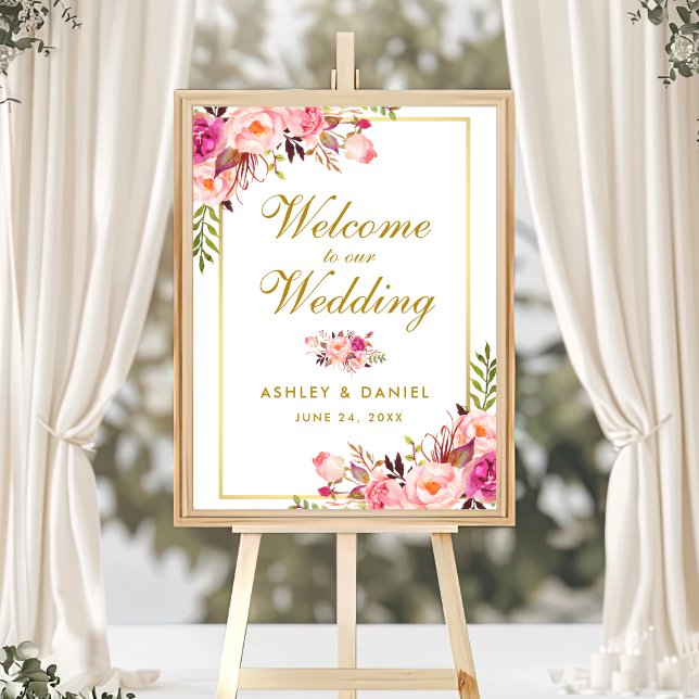 Póster Boas-vindas ao Dourado Casamento com Blush Floral  (Customize to change text color, text size, text style or size of poster.)