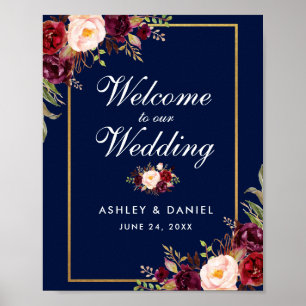 Poster Boas-vindas ao Dourado Casamento Floral Azul Burgu