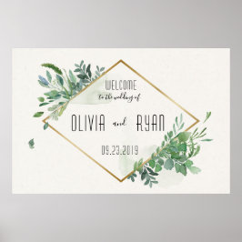 Poster Boas-vindas ao Dourado Greenery Frame Wedding