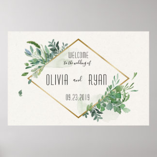 Poster Boas-vindas ao Dourado Greenery Frame Wedding