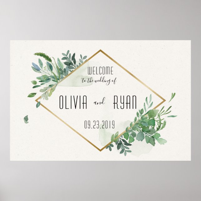 Poster Boas-vindas ao Dourado Greenery Frame Wedding (Frente)