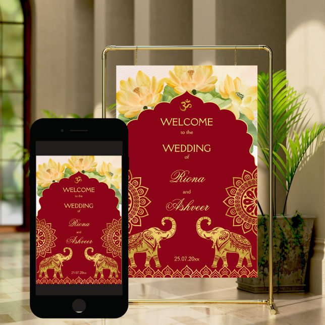 Poster Boas-vindas ao elefante lótus da mariona de casame (Indian wedding maroon gold elephant lotus welcome sign poster editable template digital download)