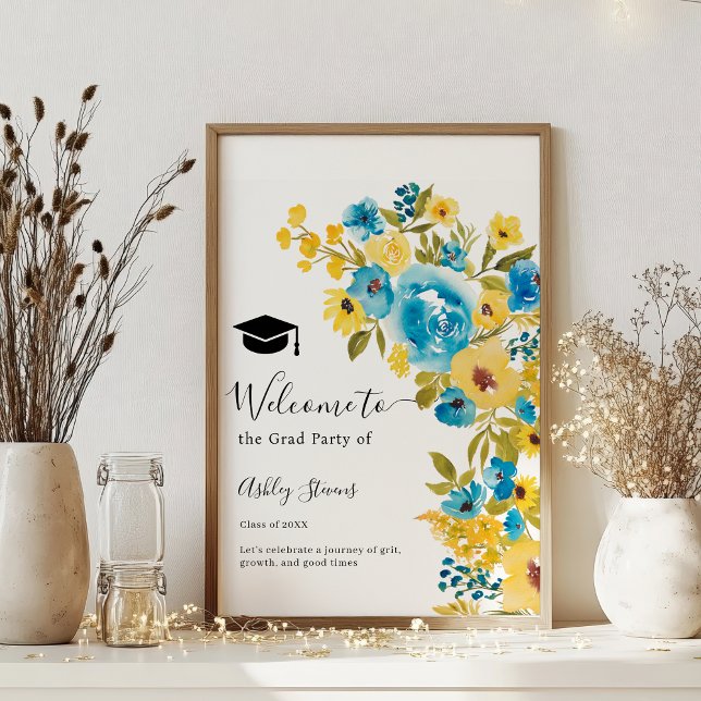 Poster Boas-vindas ao Graduação de Flor Selvagem Amarelo  (Blue Yellow Bold Wildflower Graduation Welcome Poster)