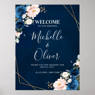 Poster Boas-vindas ao marinho Blue Blush Pink Florals