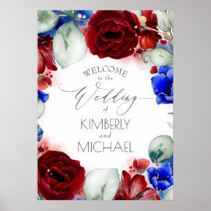 Poster Boas-vindas ao Marinho Blue e Burgundy Floral