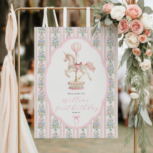 Poster Boas-vindas ao Primeiro Aniversário Rosa Carousel